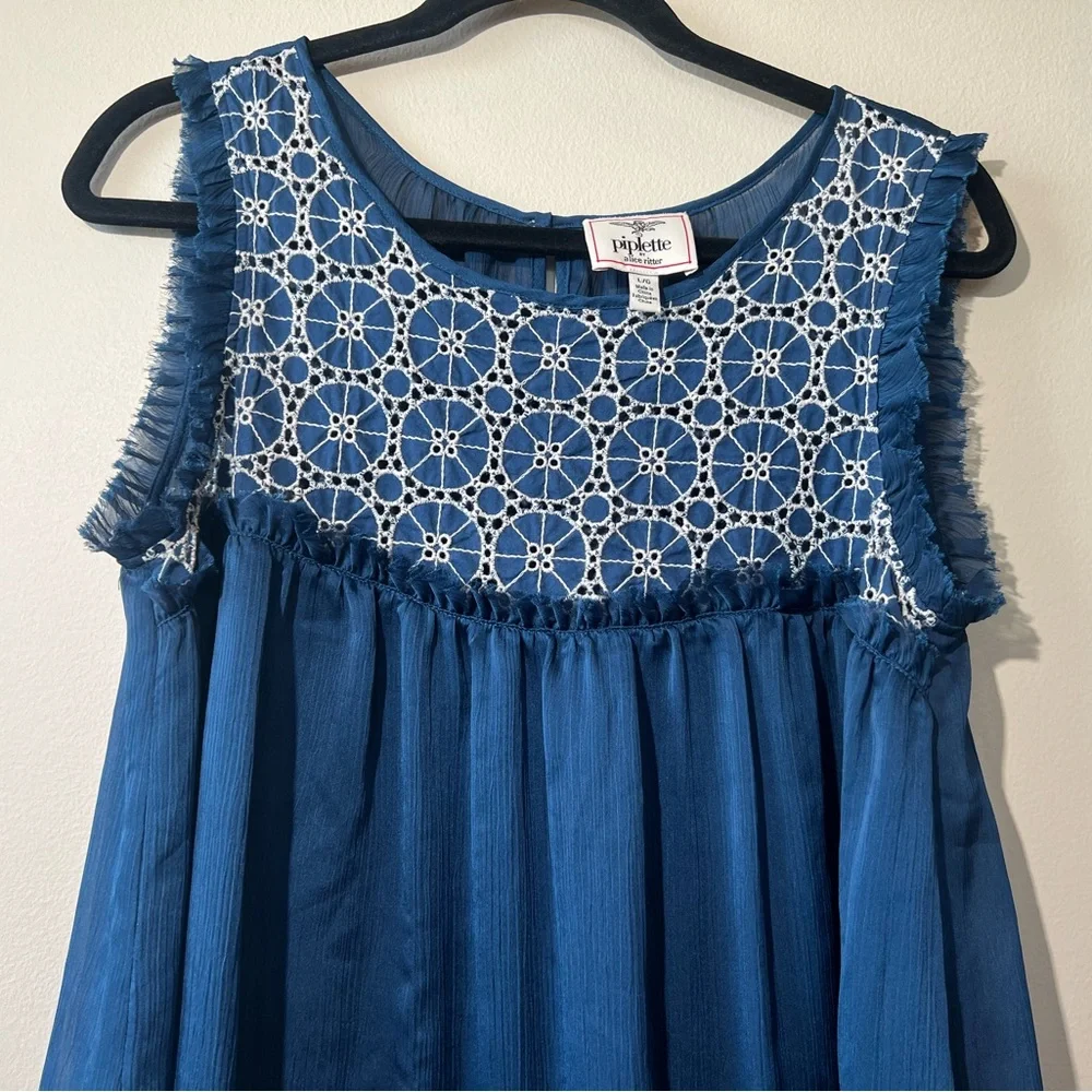 Piplette by Alice Ritter Blue Ruffle‎ Crochet Tank Top Women L Sleeveless Boho